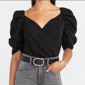 NWT Express Textured Puff Sleeve Wrap Front Thong Bodysuit